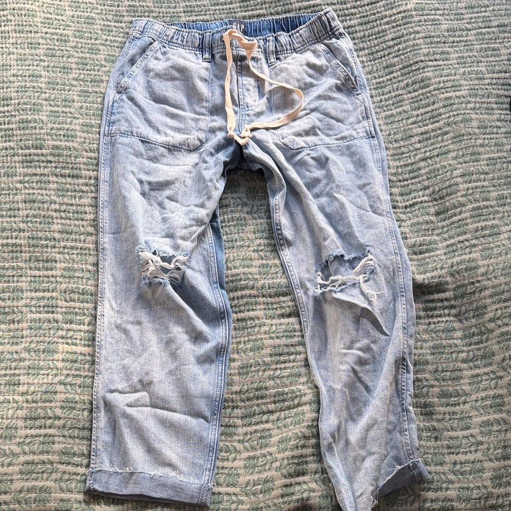 GAP Light Blue Distressed Relaxed Jeans with Drawstring
